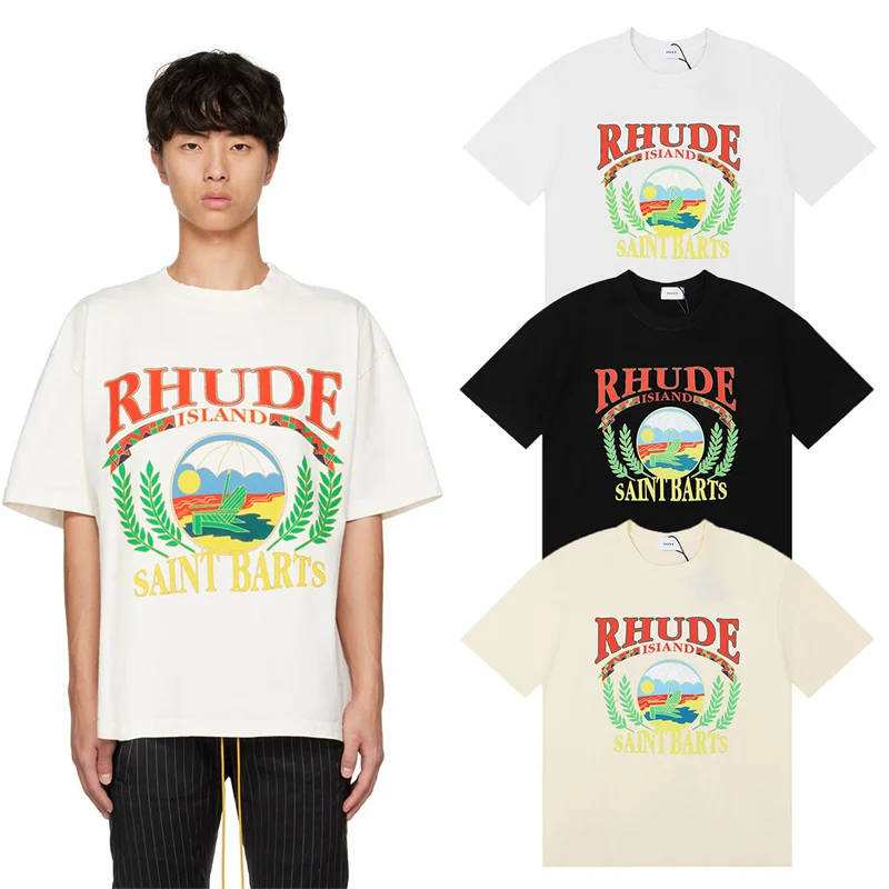 

Rhude High Street Short Sleeve T-shirt Fashion Brand Sunset Beach Comfortable Pattern Printing Pure Cotton Casual Men Women