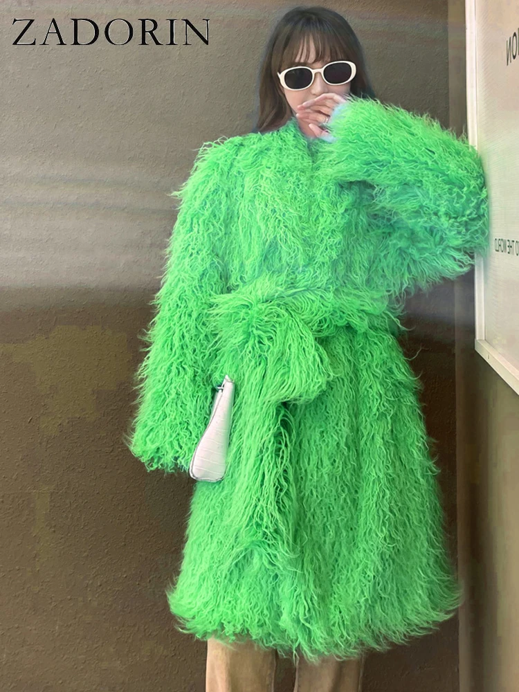 ZADORIN-gabardina de lujo de Invierno para mujer, abrigo largo de piel de oveja sintética con cinturón, chaqueta holgada y esponjosa de manga larga, ropa de Festival