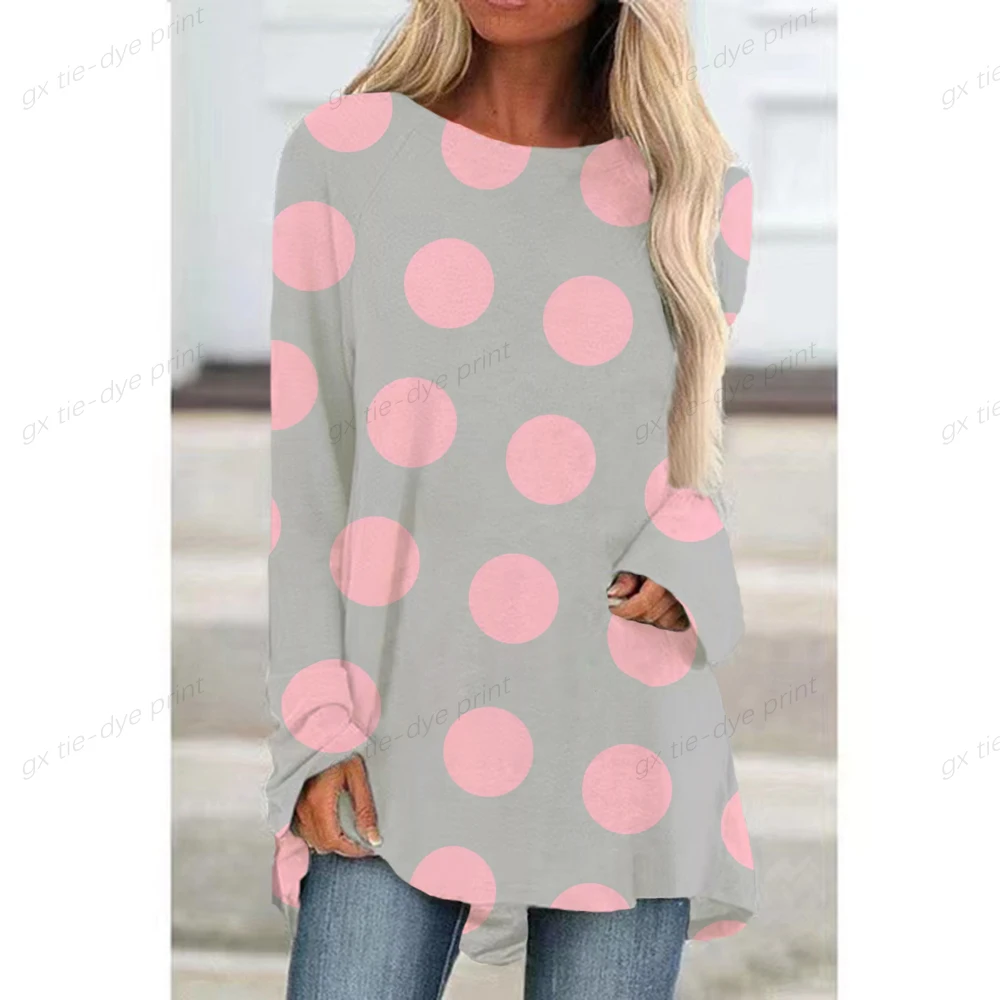 

Женский богемный Топ в горошек, свободная повседневная Винтажная футболка с круглым вырезом и длинными рукавами, уличная одежда, осень 2022