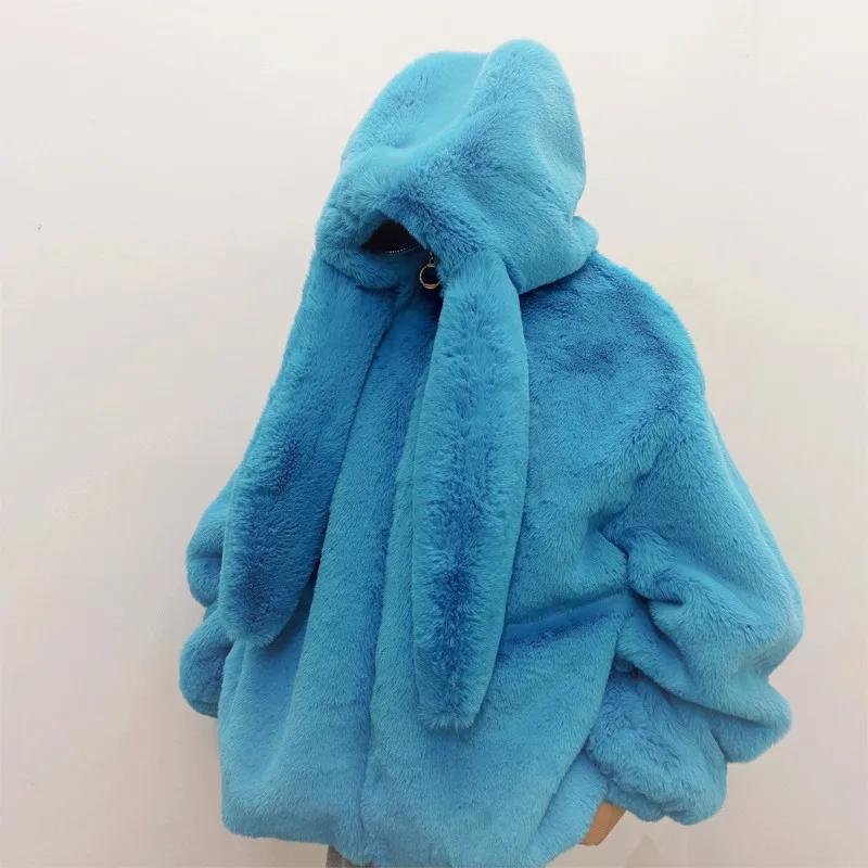 Sweet Loose Faux Fur Jacket for Women 2022 Winter New Woman Cute Rabbit Ear Soft Fur Thickened Long Sleeve Hooded Plush Coat