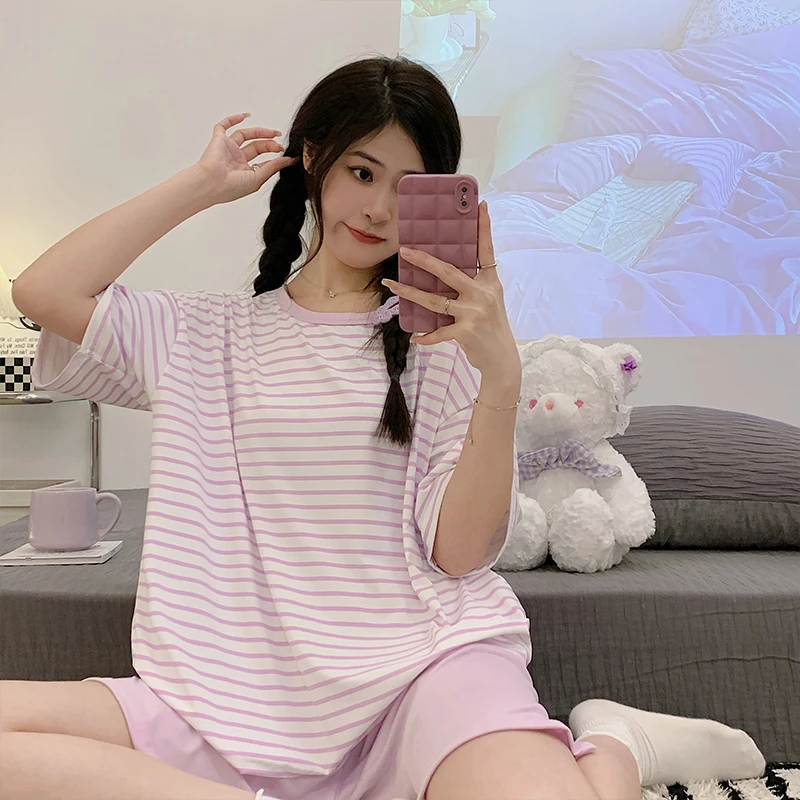 CAIYIER Cute Girls Pajama Set O-Neck Stripe Short Sleeve Shorts Sleepwear Leisure Ladies Elegant Soft Nightwear Pyjama Home Suit