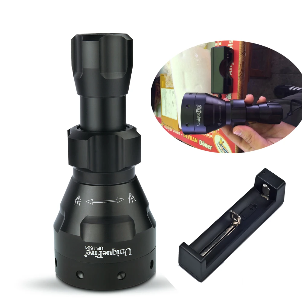 

Uniquefire 1504 Hunting Flashlight 67mm Convex Lens Q5 LED Powerful Torch Green/Red/White Light + Battery Charger
