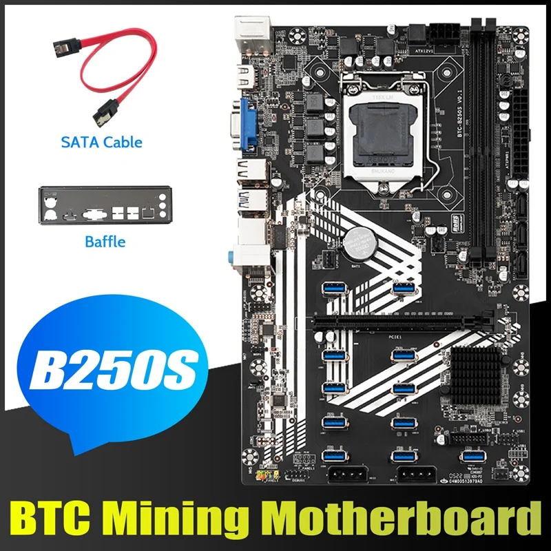 

B250S Mining Motherboard+Baffle+SATA Cable LGA1151 11XUSB3.0+1XPCIE 16X Slot DDR4 SATA3.0 For ETH Miner Motherboard