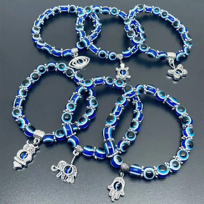 

Blue Evil Eye Bracelet Hand of Fatima Turkey Thousand Eyes Wish Handmade Women's Resins Bead Bangle Elastic Bracelets Jewlery