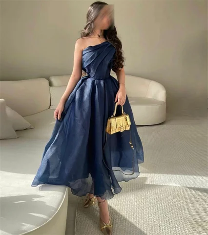 Vintage Organza One Shoulder Navy Blue Prom Dresses with Pleats A-Line Tea Length Robe De Soiree Formal Party Dresses for Women