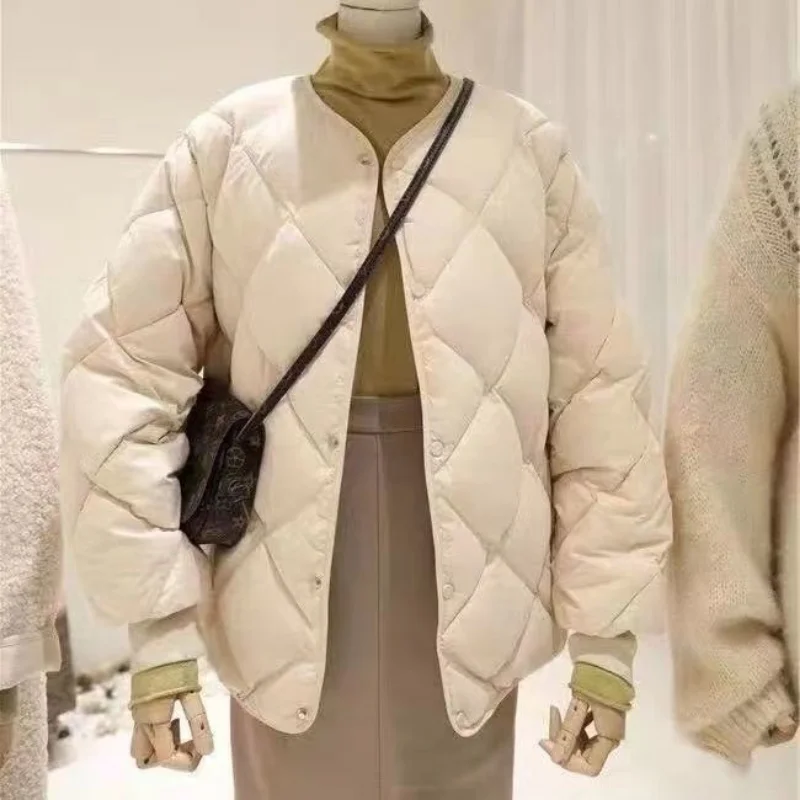 Baseball Clothes All-Match Simple Stylish O-neck Outwear White Duck Down Casual Jackets Solid Tops Warm Women Coat Loose Thicken