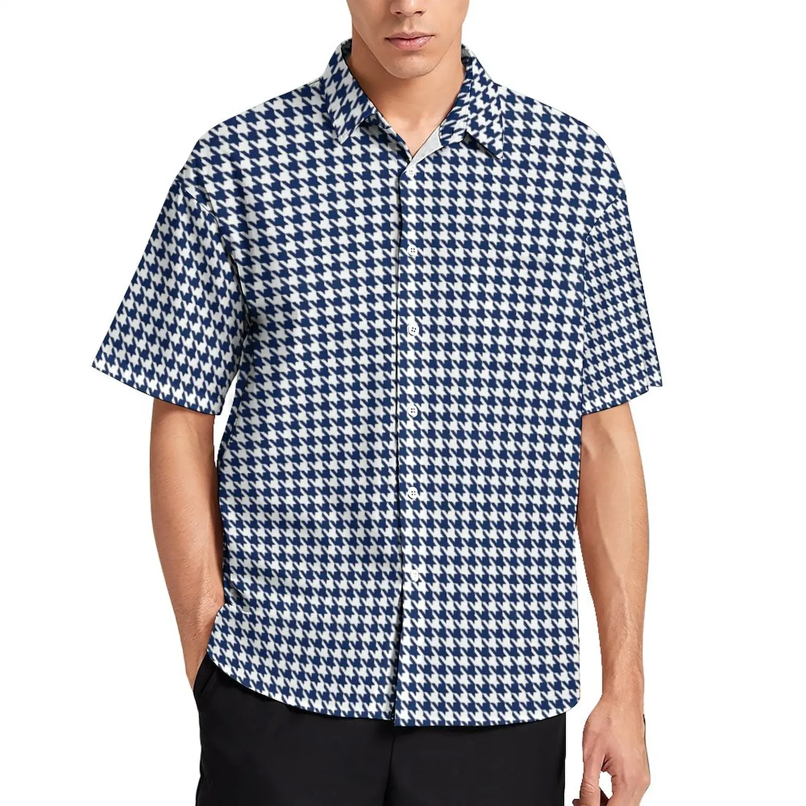 

Houndstooth Beach Shirt Navy Blue White Hawaiian Casual Shirts Men Y2K Blouses Short Sleeve Custom Clothing Big Size 3XL 4XL