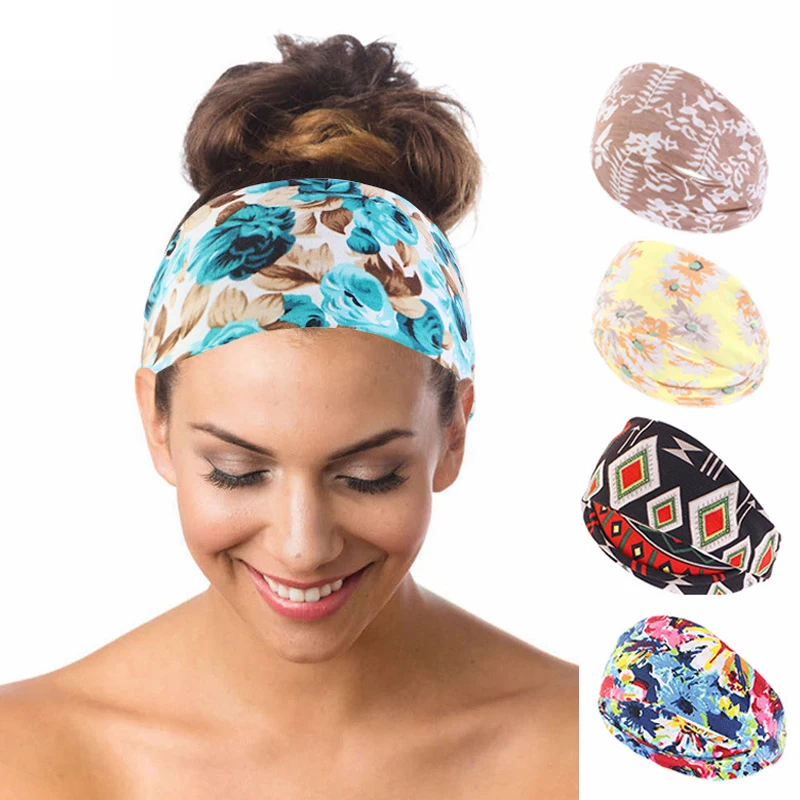 

African Print Wide Headband Boho Style Floral Printed Hair Band Stretch Bandana Turban Sweat-absorbing Sport Yoga Head Wrap