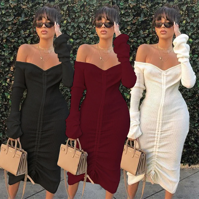 

Women Elegant Strapless Solid Color Shirring Bodycon Dress Fashion Sexy Long Sleeve Off Shoulder High Waist Corset Dress