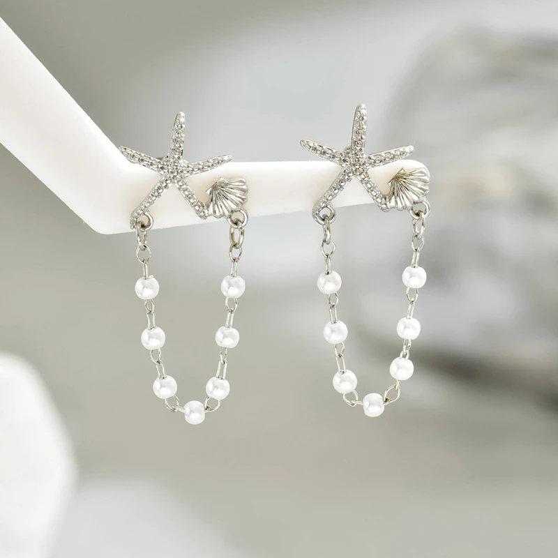 Модные серебряные асимметричные женские серьги с цепочкой в виде морской звезды