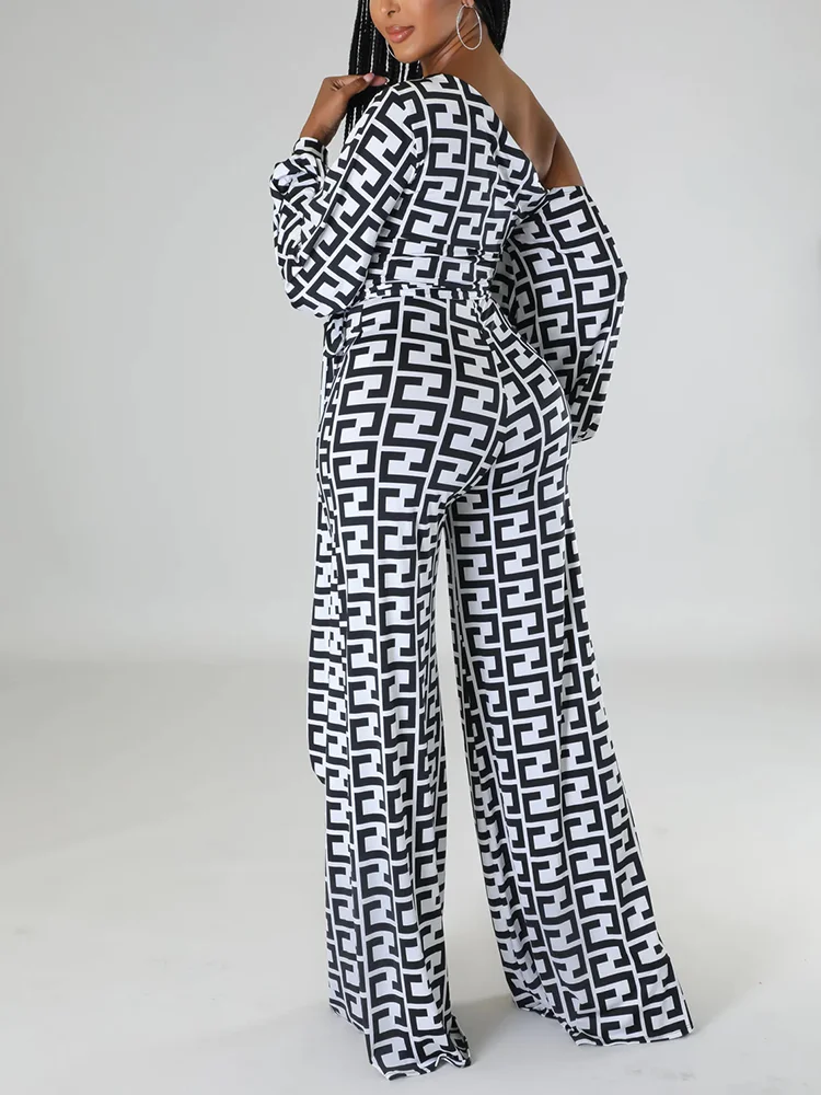 Geometric Printed Diagonal Collar Long Sleeved Jumpsuit with Belt One Fashion Casual Pieces for Women Tracksuits Elegant Female