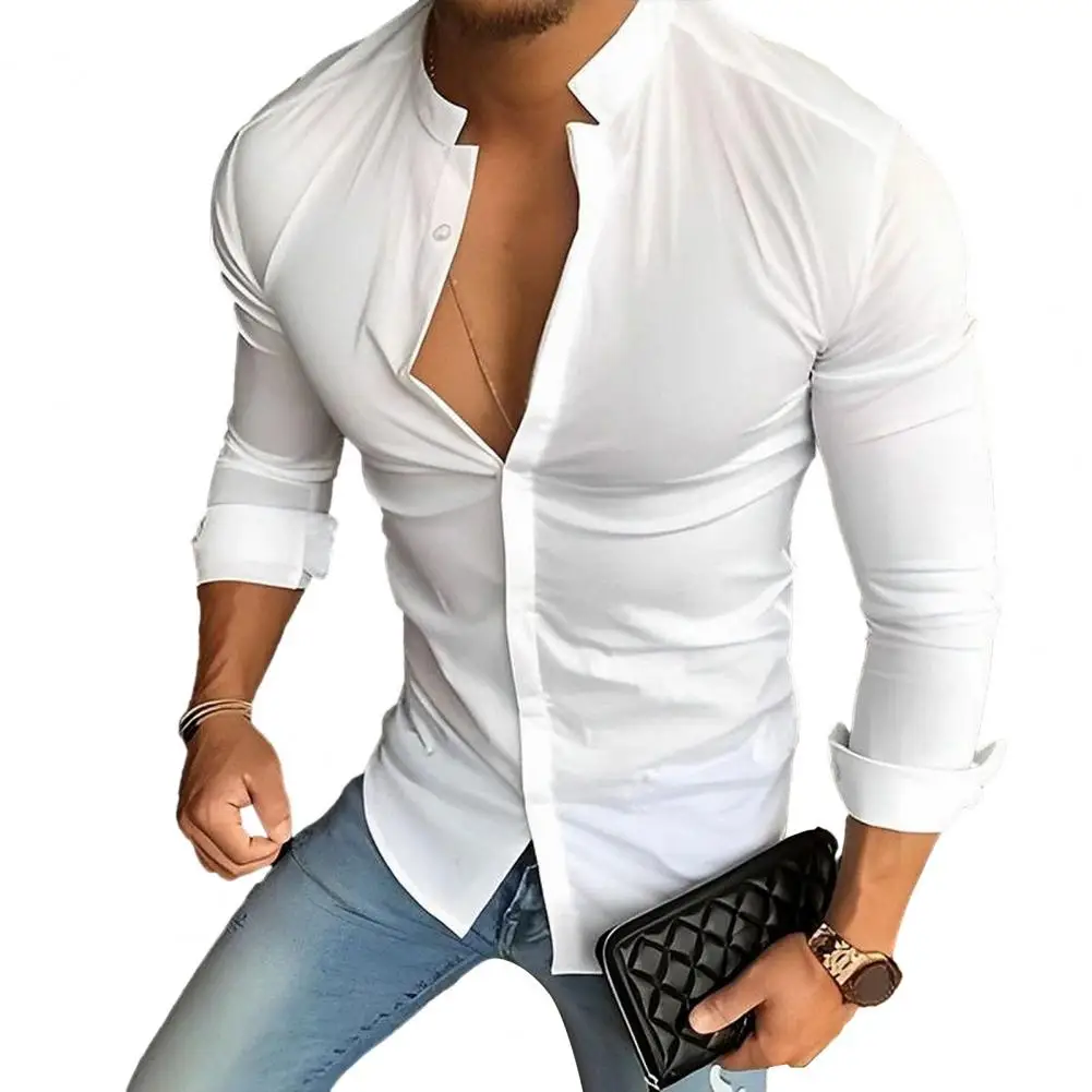 

Рубашка мужская приталенная с воротником-стойкой, однобортная Повседневная Формальная деловая офисная одежда, осень-весна