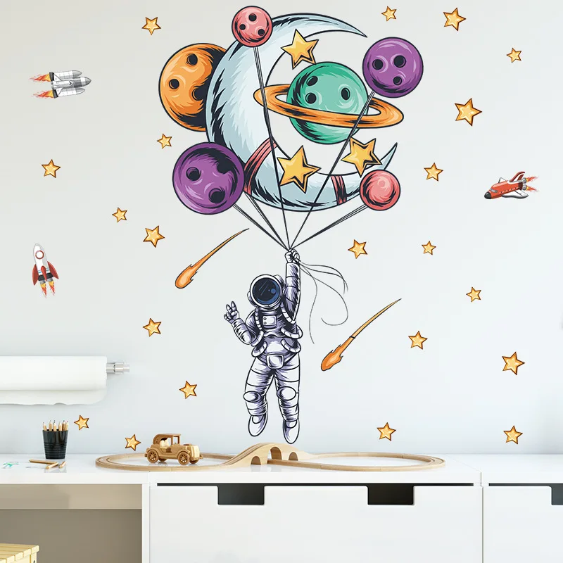 

Cartoon Astronaut Wall Sticker Astronaut Planet Moon Rocket Stars Children Room Wall Self-adhesive Sticker Kids Room Decoration