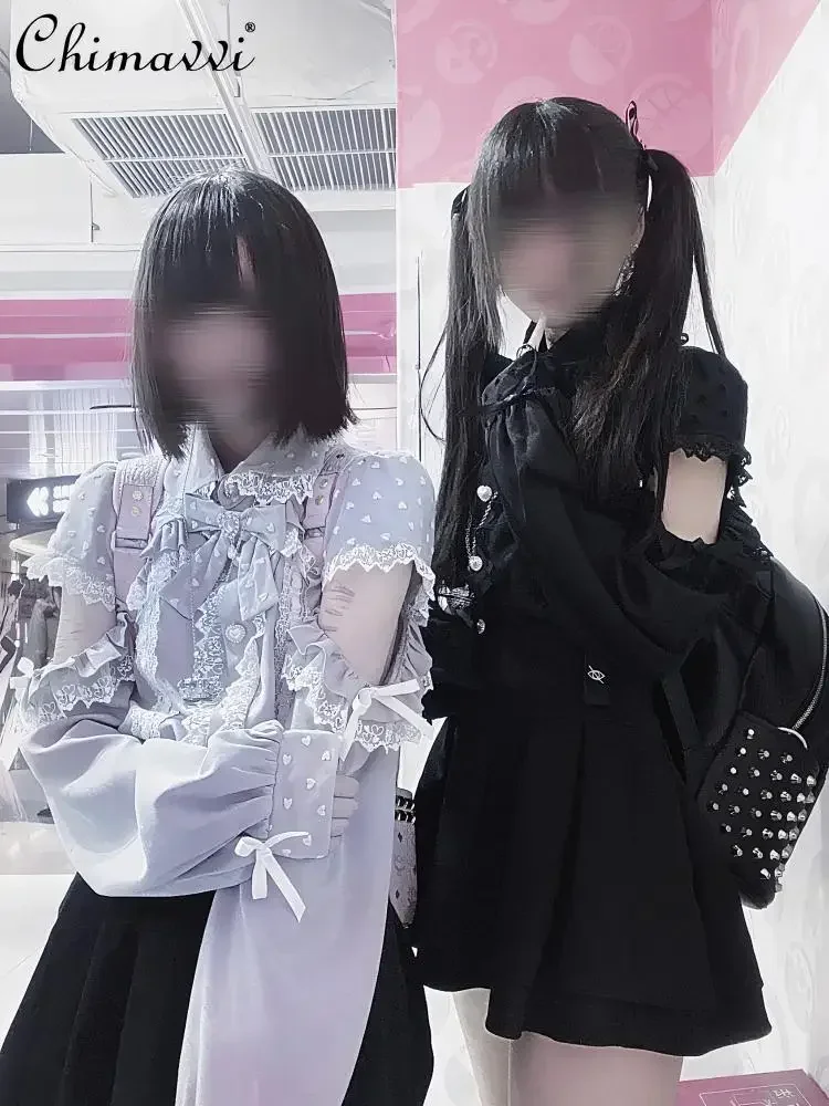 Японская рубашка массового производства с кружевным бантом для девочек длинными