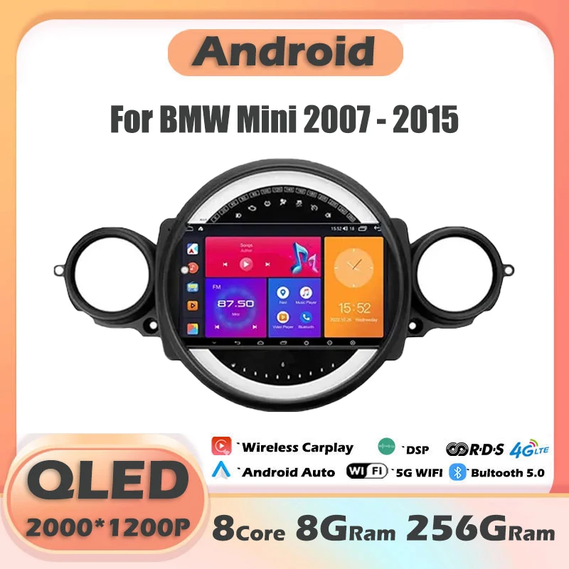 Для BMW Mini 2007-2015 9-дюймовый QLED 2000*1200P экран Android 14 автомобильный плеер видео GPS