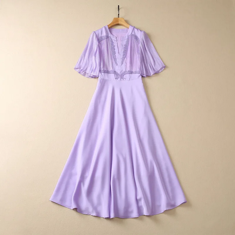 European and American women's clothes 2023 summer new v-neck Short-sleeved heavy bead nails fashion Pleated Purple Dress XXL
