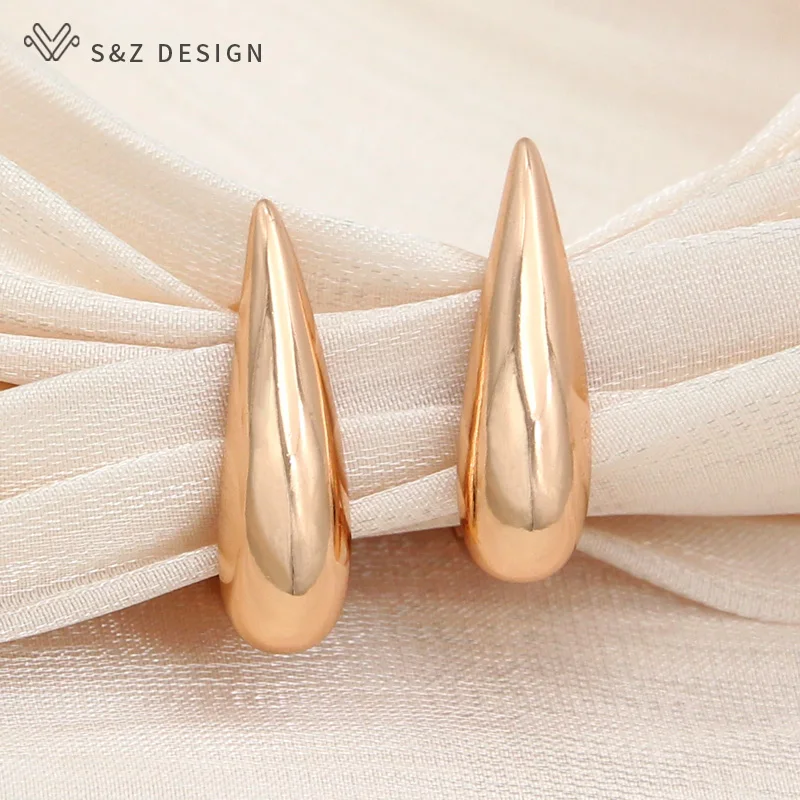 

S&Z DESIGN New Fashion Champagne Gold Water Drop Smooth Metal Stud Earrings For Women Girl Elegant Wedding Party Jewelry Gift