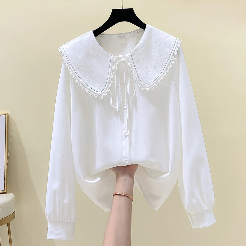 

2022 Spring Solid Full Women's Sweet College Peter Pan Collar Lace Casual Office Lady Shirts