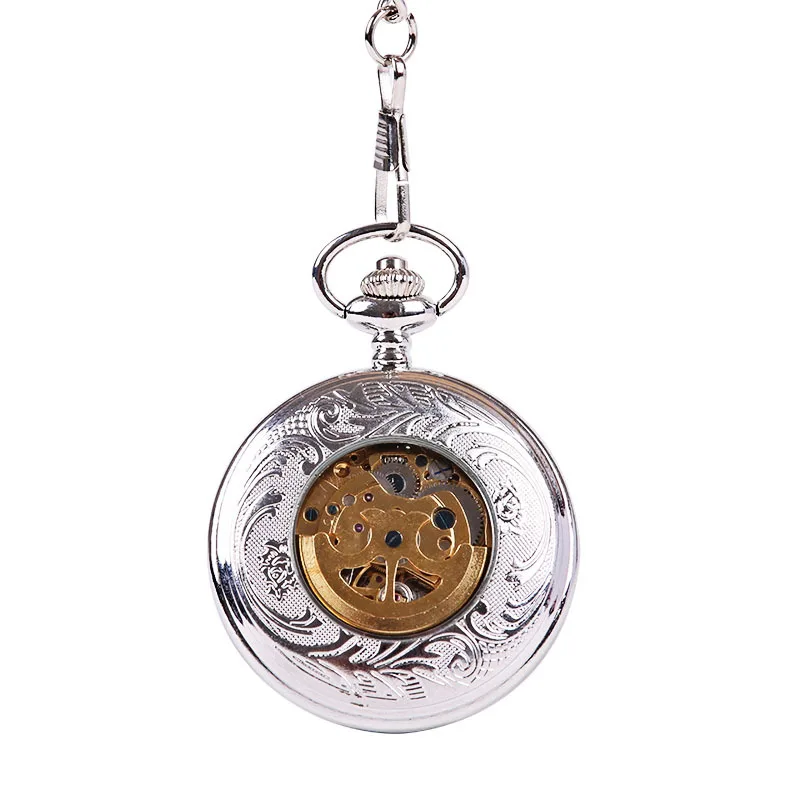 Luxury Black Mechanical Pocket Watch for Men Women Transparent Case Roman Numeral Dial Fob Chain Pendant Clock for Collection