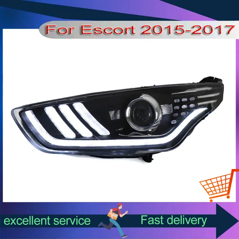Фото Автомобильные фары для Ford Escort 2015-2017, фара в сборе, ремонт в стиле Mustang, светодиодные DRL с двойной проекционной линзой, ксеноновая передняя лампа №3