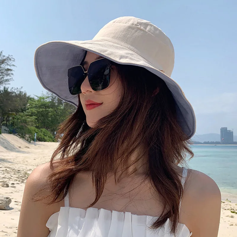 

Fashion New Women Wide Brim Bucket Sun Hat Cotton Cloth Beach Hats Fisherman Caps Double Sided Sun Protection Comfortable