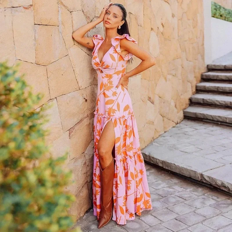 Женский купальник и юбка для отдыха V-образный вырез с принтом оранжевых листьев