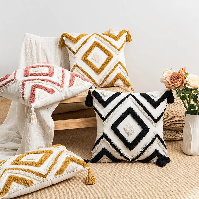 

Tufted Pillow Cover 45x45cm 30x50cm Orange Pink Green Black Diamond Boho Decoration Pillow Cover Sofa Couch Bed Living Room