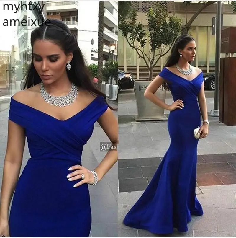 

Roy Off The Shoulder blue One word collar Evening Dresses Court Train Mermaid Satin Long Mermaid Party Gowns