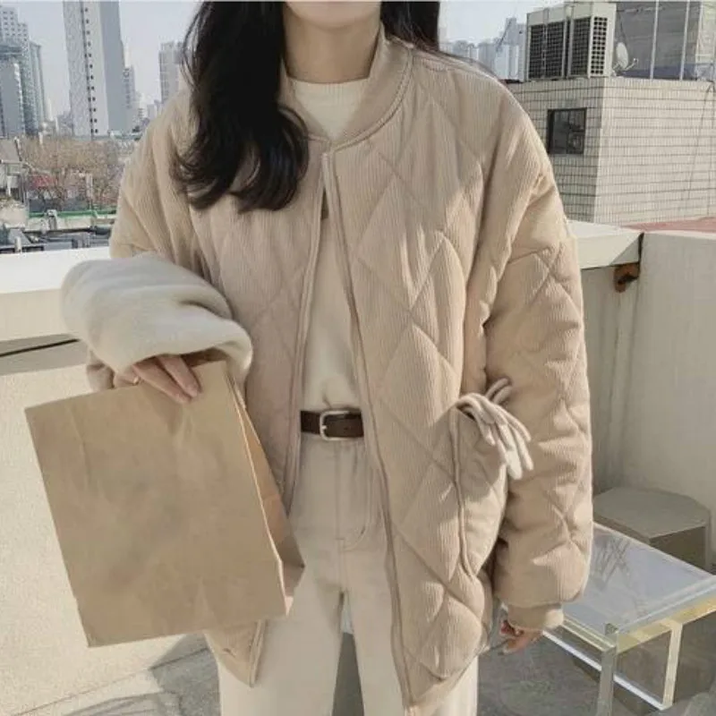 Women 2023 New Corduroy Cotton Jackets Spring Autumn Causal Windbreaker O Neck Basic Jackets Coats Zipper Loose Famale Oversized