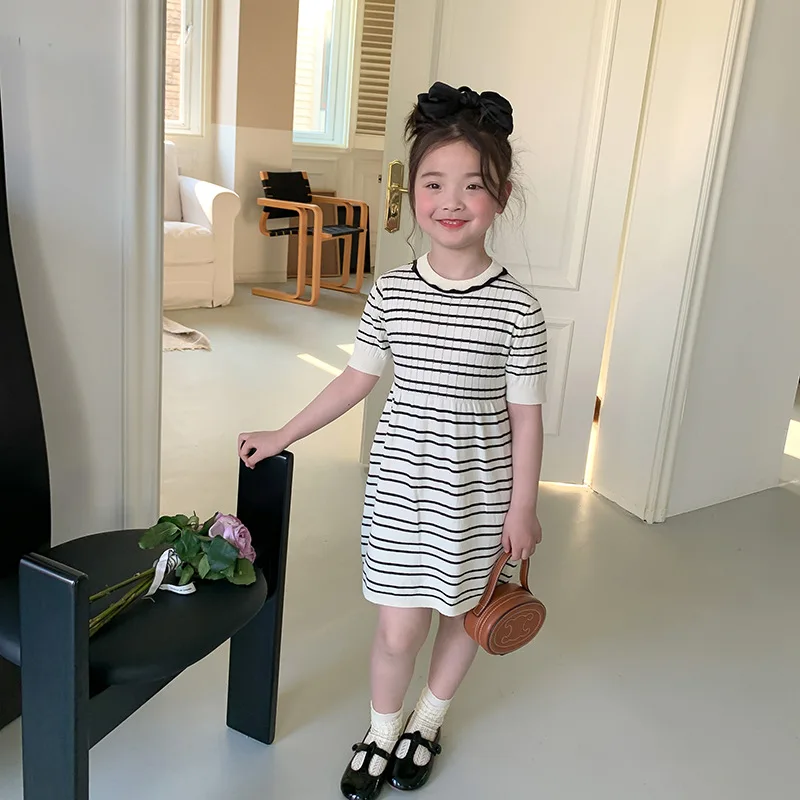 Детское трикотажное платье в полоску, с круглым вырезом и коротким рукавом