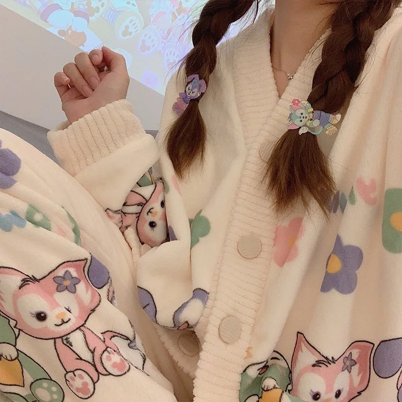 Autumn Winter Women Warm Flannel V-Neck Cardigan Sweet Pajamas Suit Long-Sleeved Trousers Set Cute Soft Home Wear Fleece Clothes