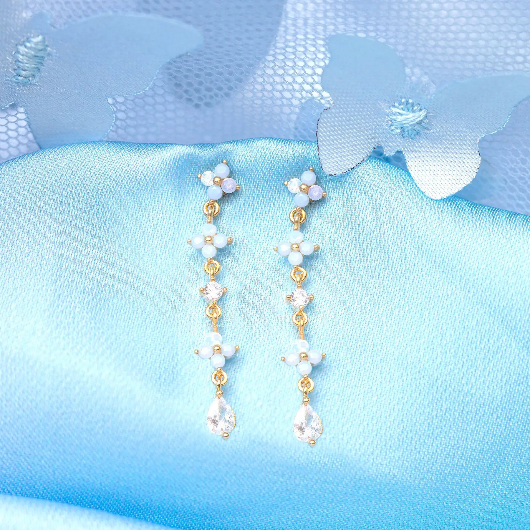 

Simple ins wind Blue Flower Long Drop Earrings 925 Silver Needle Flower Chain Earrings Women Fashion Jewelry