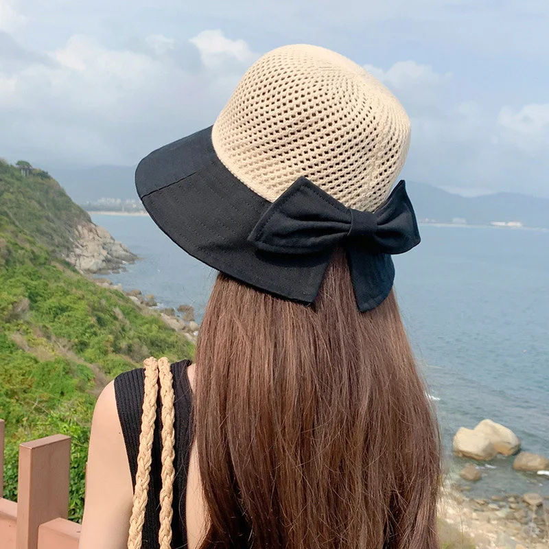

Summer Bow Decor Mesh Dome Bucket Hat For Women Anti UV Sun Hats Folding Outdoor Beach Caps Patchwork Panama Cap Female
