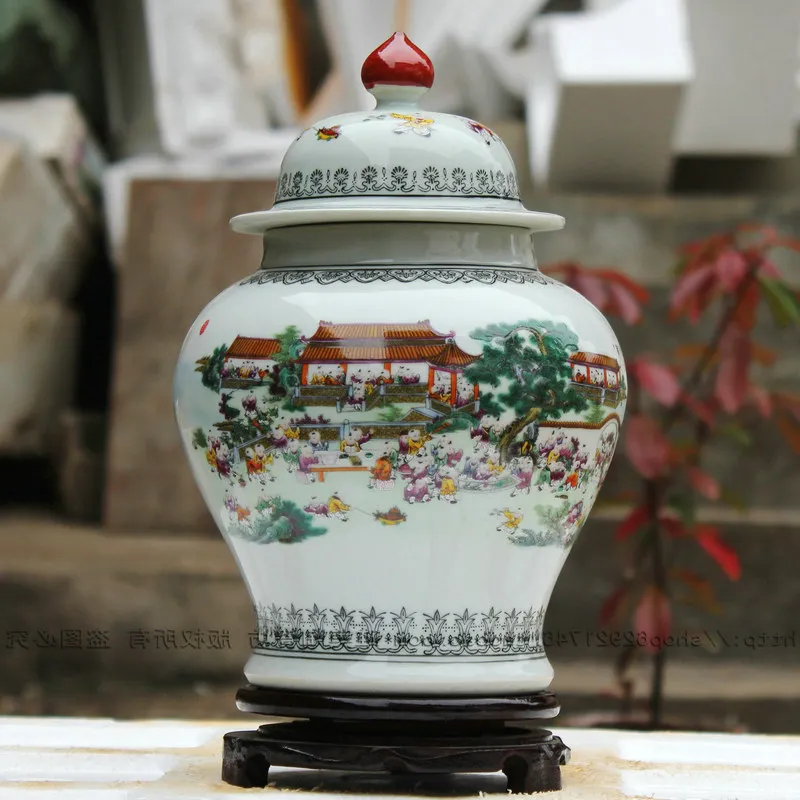 

Ceramic Jingdezhen Canister lid large ceramic jar caddy hundred children vase Decoration