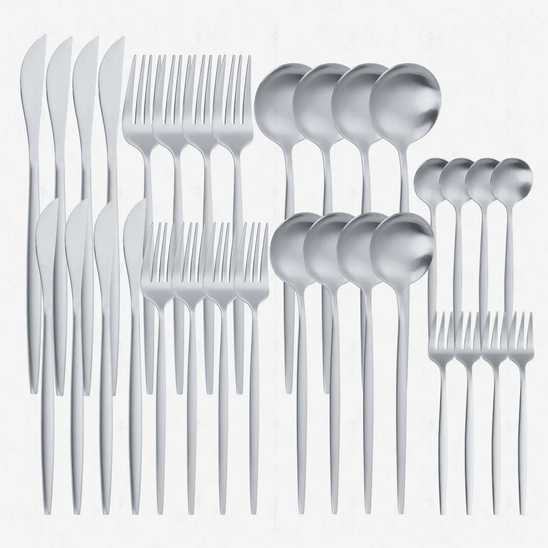 

Stainless Steel Silver Cutlery Set 32pcs Dinner Forks Knives Dessert Spoons Dinnerware Matte Silverware Tableware Flatware Set