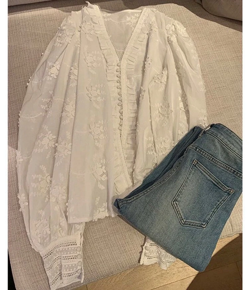 

Новинка лета 2023, стильная повседневная белая кружевная хлопковая рубашка с уникальным дизайном, женская блузка с длинным рукавом, рубашка для женщин в Корейском стиле