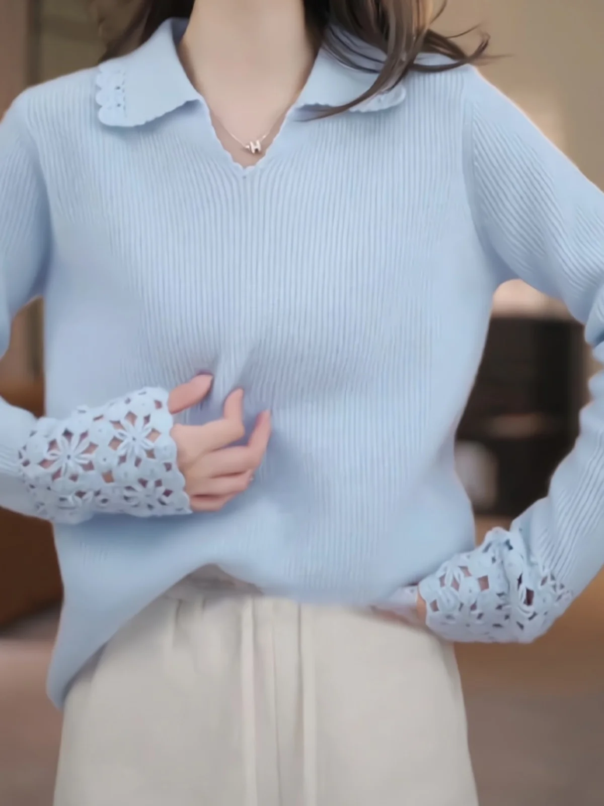 Плюс размер Design Sense Синий ажурный лоскутный вязаный крючком пуловер Вязаный