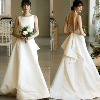 sexy o neck satin wedding dress a line elegant backless bride dress luxury sleeveless pleat simple custom made vestido de noiva