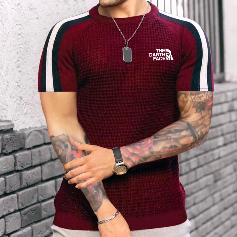 Men's spring and summer new waffle print round neck bottoming shirt men's trend color matching high-quality casual knitted sweat