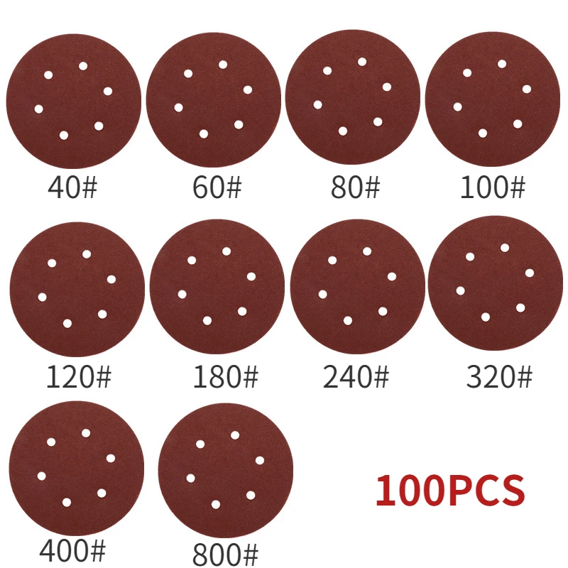 100 шт. 150 мм 6-дюймовая наждачная бумага с 6 отверстиями для диска пескоструйных листов зернистостью 40-800 крепление на липучке для полировки бумаги инструмент аксессуаров.