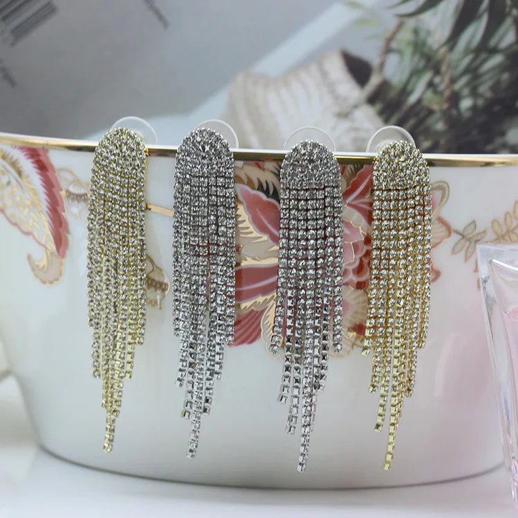 925 Silver needle earrings set diamond Long tassel earrings Shiny wedding earrings cross border