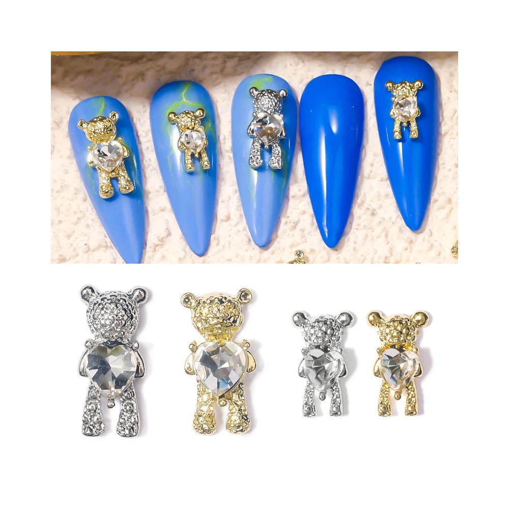 

10 pcs Alloy Nail Art Supplies Cute Bear Heart Shape Shining Rhinestone Gems 3D Charm Luxury Accessories DIY Nail Art Decoration