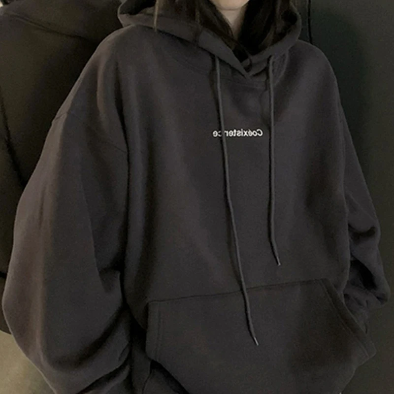 Fleece Thicken Sweatshirt Dark Grey Hoodie Long Sleeve Korean Letter Printing Tops Pullover Autumn Hoodie