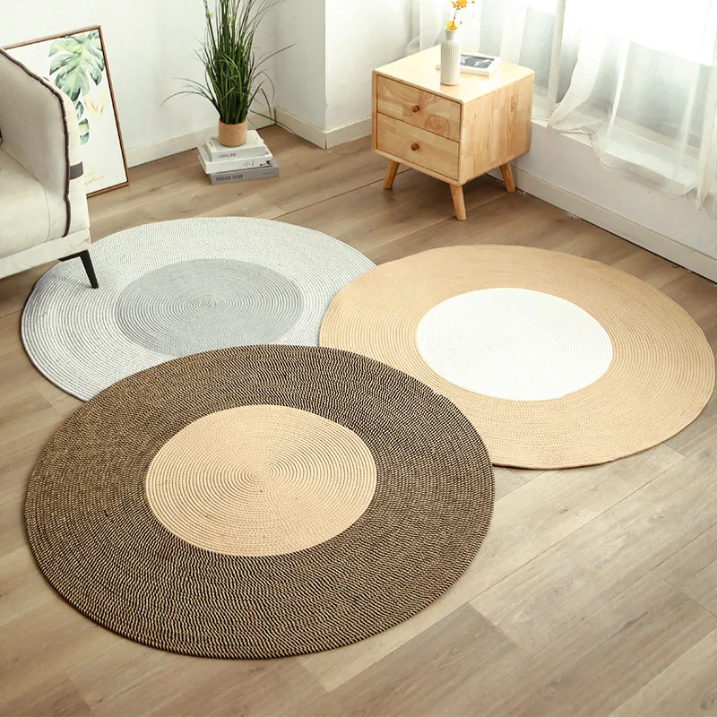 

1pc Balcony Carpet Jute Floor Woven Carpet Tassel Rattan Woven Home Decoration Tea Table Japanese Vintage Simple Home Decoration