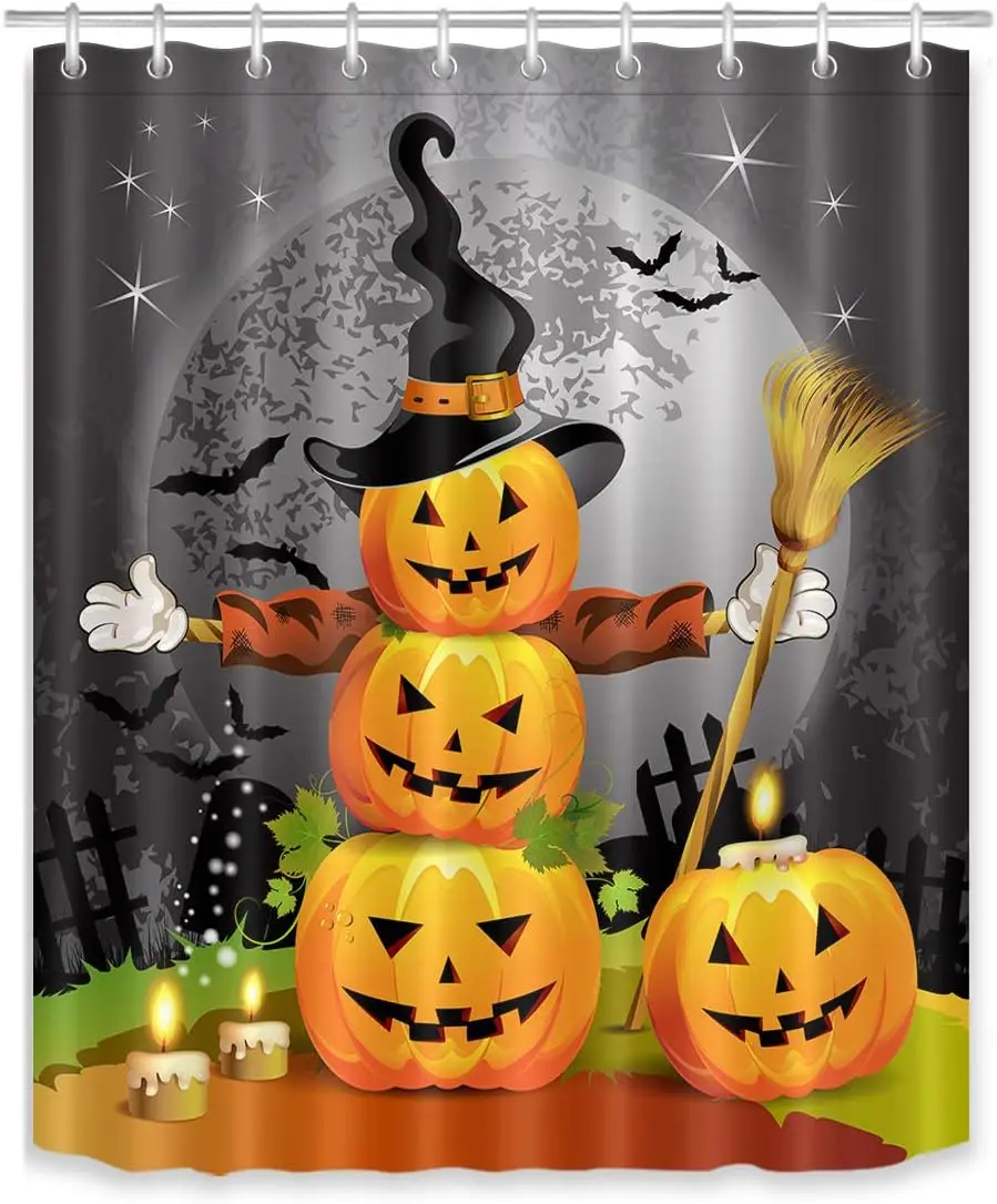 

Halloween Pumpkins Shower Curtain Magic Hat Ghost Broom Bathroom Curtain Party Decor Bath Curtains Waterproof Polyester Fabric