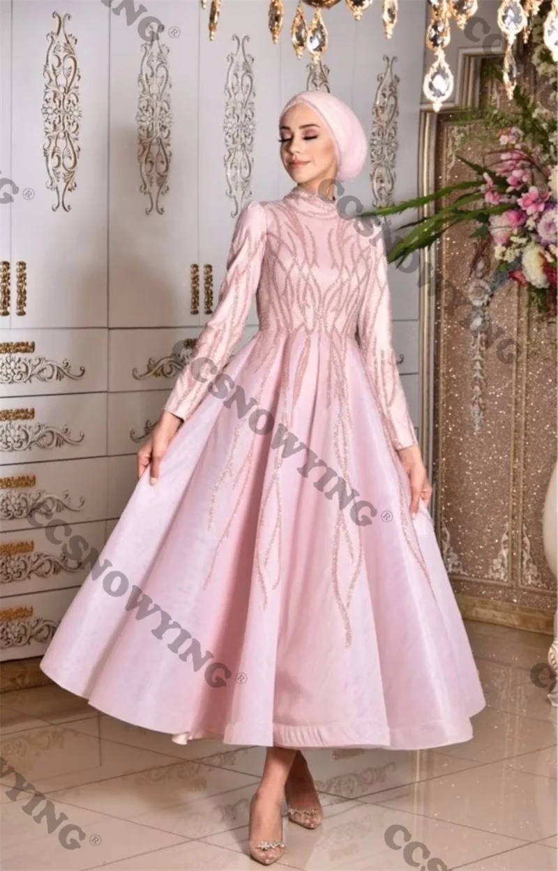

Женское вечернее платье с длинным рукавом, розовое платье из органзы с аппликацией из бисера в мусульманском стиле