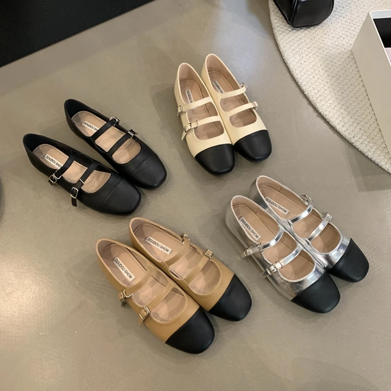 Женские туфли мэри джейн Лоскутные с двойным ремешком и пряжкой на плоской