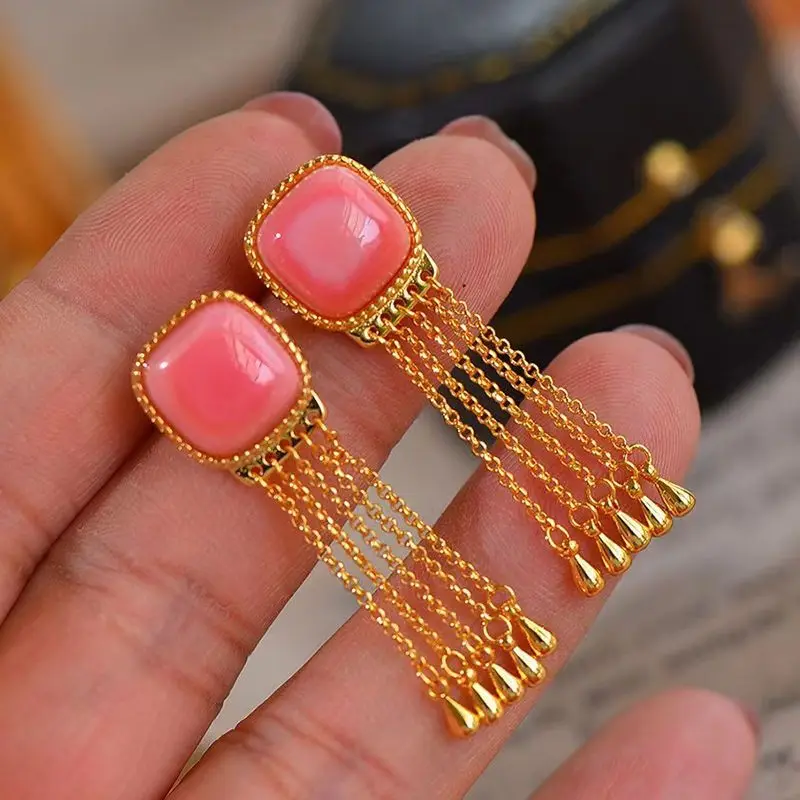 

S925 Tibetan Tassel Long Earrings Women's Fashion Versatile Show Face Thin Natural Pink Stone Earrings Earrings