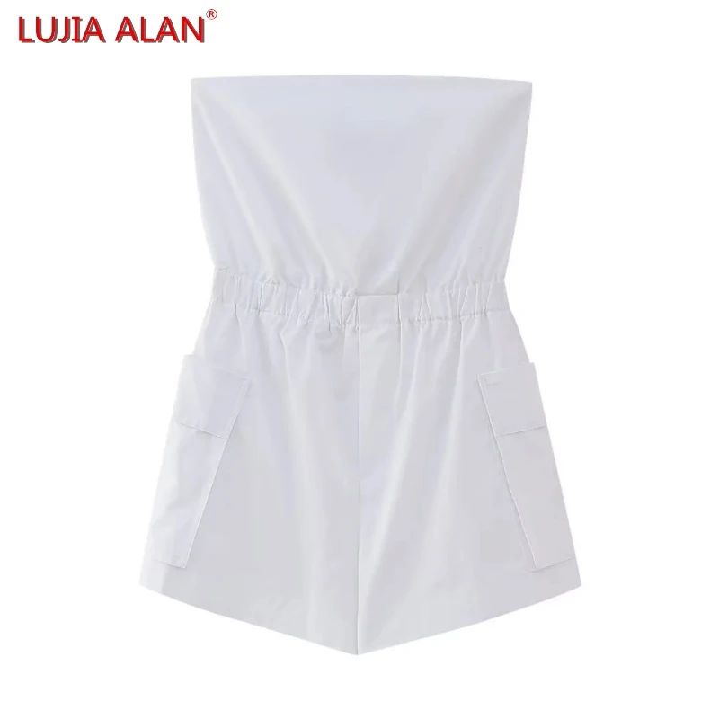 

Summer New Women's Patch Pocket White Strapless Siamese Shorts Casual Female Loose Jumpsuits LUJIA ALAN P3892