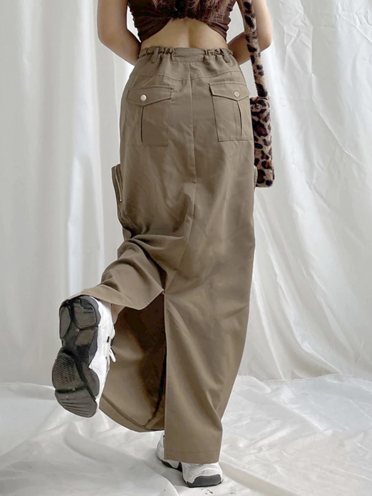 

Sunny Y.j. Brown Big Pockets Long Cargo Skirts Drawstring High Waist Streetwear Bottoms Vintage 90s Back Split Casual Skirt 2022